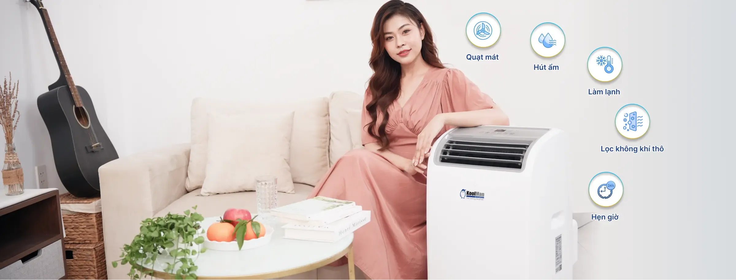 Máy lạnh di động KoolMan: quạt mát, hút ẩm, làm lạnh, lọc không khí thô, hẹn giờ